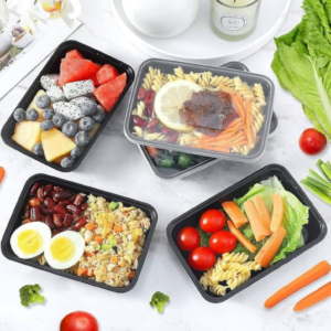 750ml lightweight black plastic food container with snap‑lid – 250 pack.
