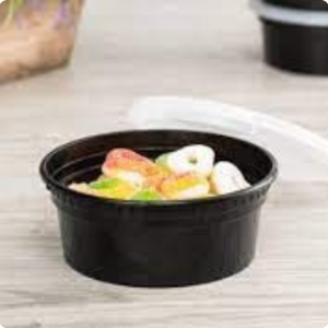 8oz lightweight black round food tub with snap‑lid – 250 pack.