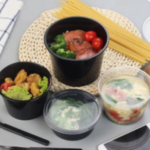 12oz lightweight black round food tub with snap‑lid – 250 pack.