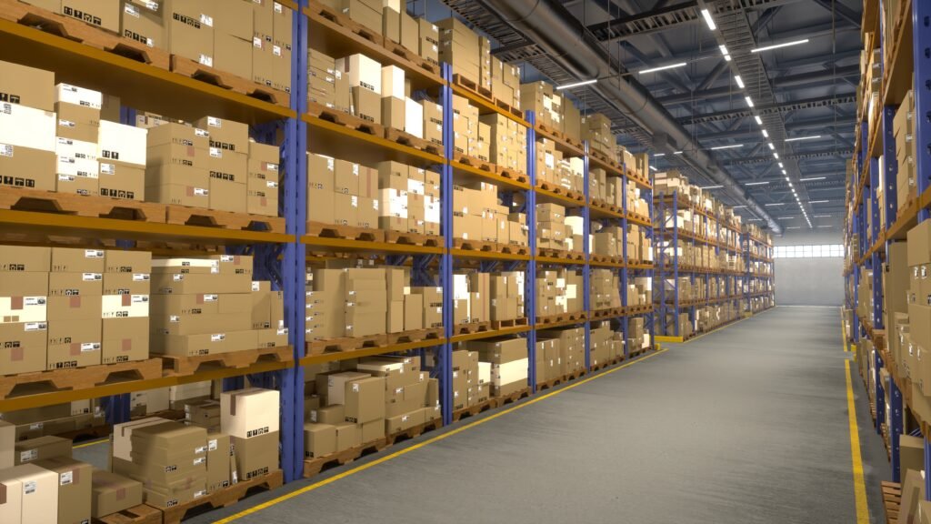 Warehouse interior with stacked shelves and boxed pallets, showing organized logistics and storage.